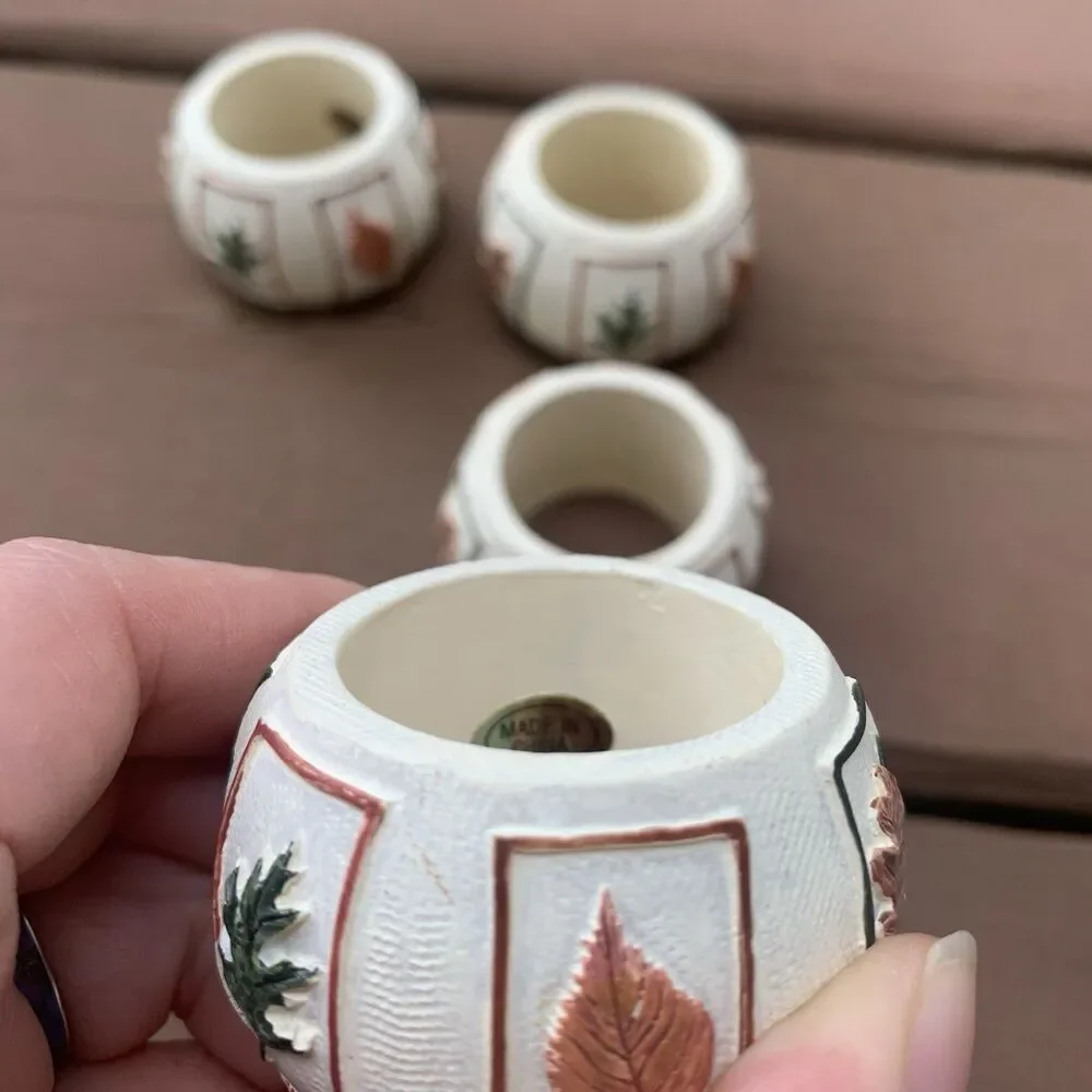 Vintage Napkin Rings 2” (4) Resin Leaves 3-D Autumn COTTAGE BOHO Thanksgiving